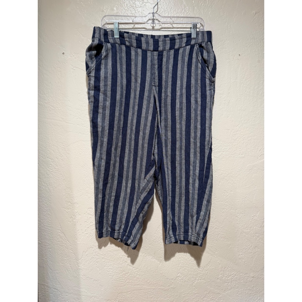 Linen Blend Striped Cropped Pants Navy Blue Grey Elastic Waist Womens L